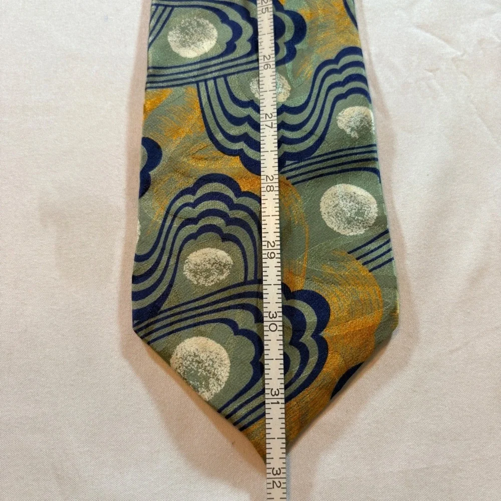 Wembley Silk Necktie Mens One Size Abstract Geometric Green Gold Blue USA Made